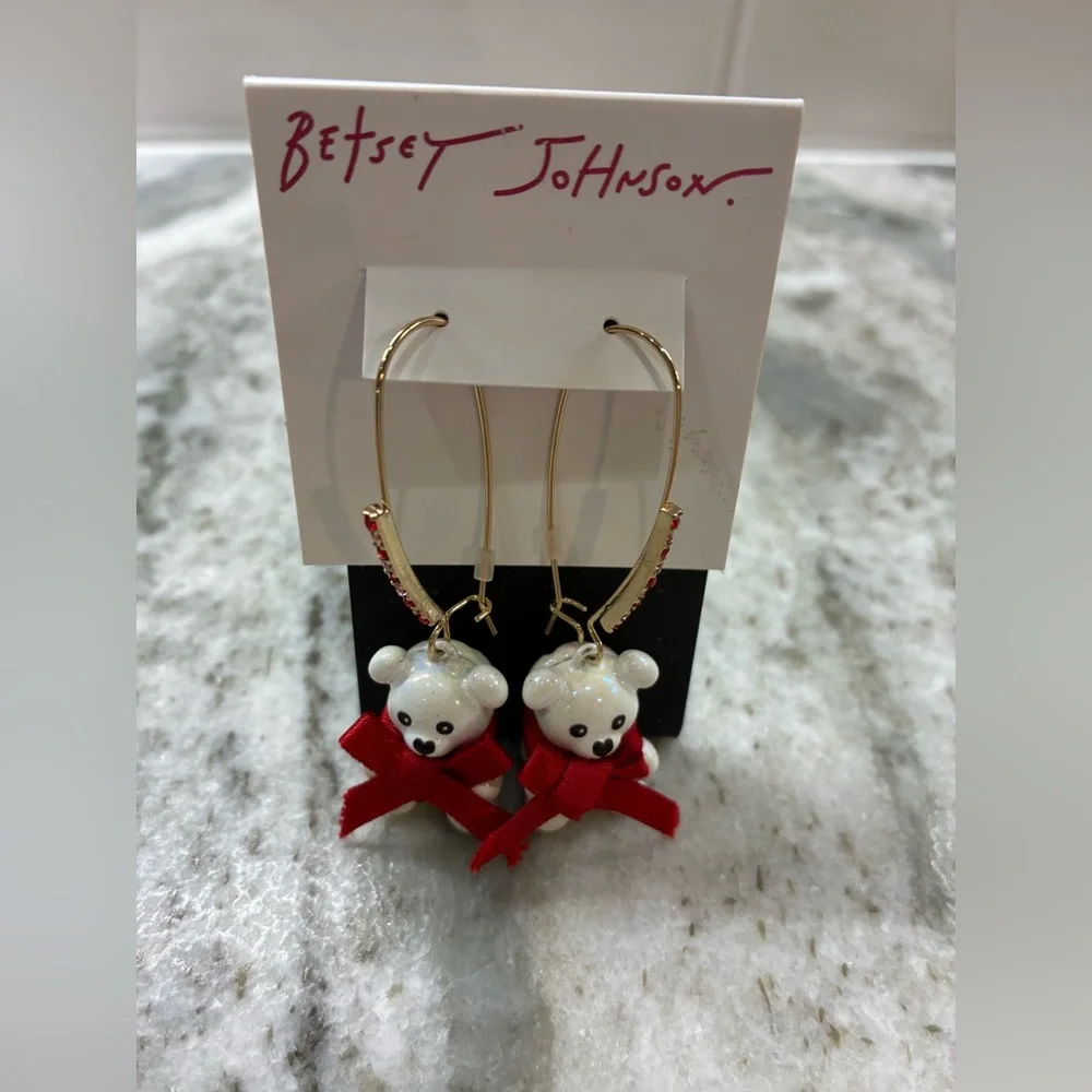 Betsey Johnson White Bear Earrings with Red Bows - Picture 2 of 4